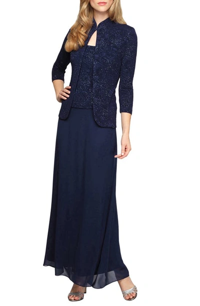 Shop Alex Evenings Two-piece Jacquard Gown With Jacket In Navy