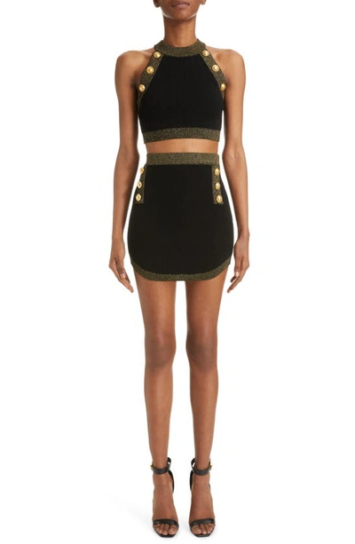 Shop Balmain Golden Trim Six-button Knit Miniskirt In Black/ Gold