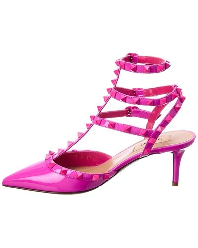 Shop Valentino Rockstud Caged 65 Patent Ankle Strap Pump In Pink