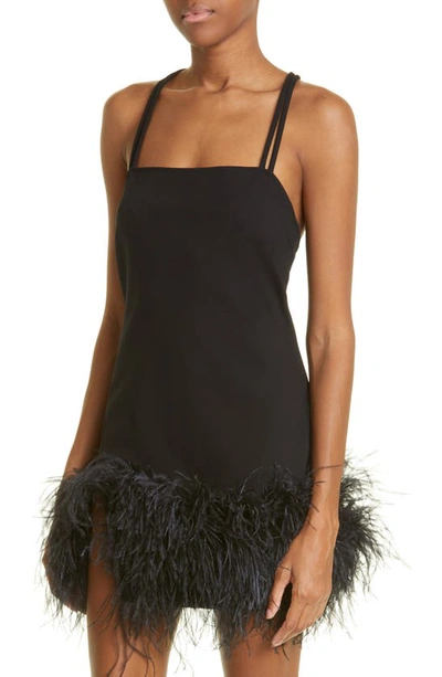 Shop Attico Fujiko Feather Trim Jersey Minidress In Black