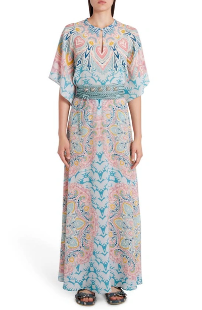 Shop Etro Floral Hearts Silk A-line Midi Skirt In Dark Azzuro