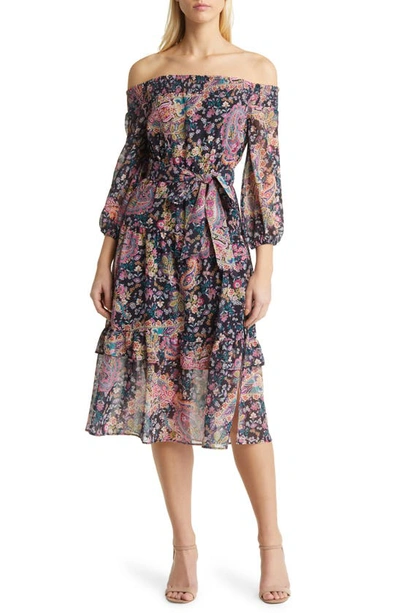 Shop Sam Edelman Dark Paisley Off The Shoulder Three-quarter Sleeve Dress In Black Multi