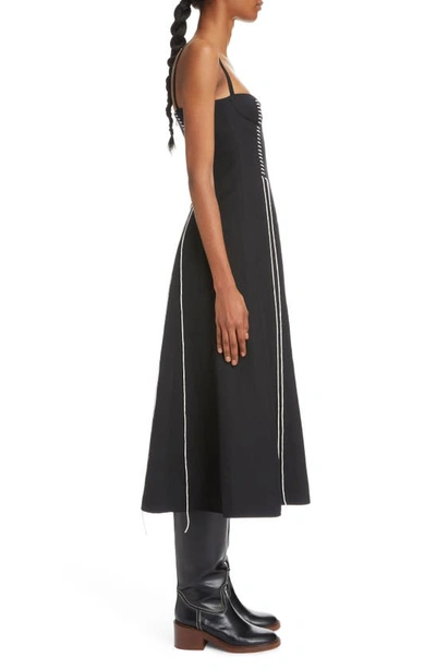 Shop Chloé Laced Detail Wool & Linen Pinafore Midi Dress In Black