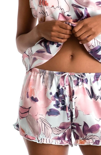 Shop Midnight Bakery Shea Floral Ruffle Trim Satin Short Pajamas In Leticia Floral/ Blue