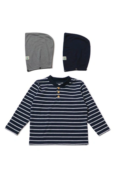 Shop Thoughtfully Hooded Henley With Removable Hood In Blue With Grey Stripe