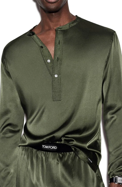 Shop Tom Ford Henley Stretch Silk Pajama Shirt In Deep Military