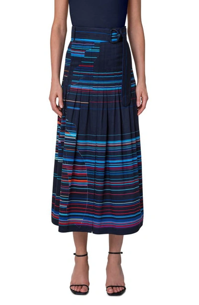 Shop Akris Punto Maxtix Stripe Pleated Cotton Satin Midi Skirt In Navy-multi