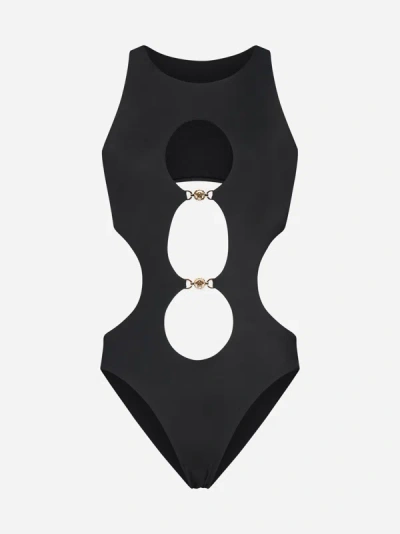 Shop Versace Greek Chain Swimsuit In Black