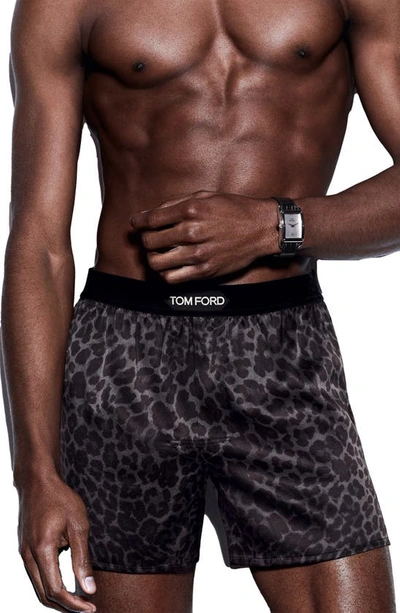 Shop Tom Ford Leopard Print Stretch Silk Boxers In Ink