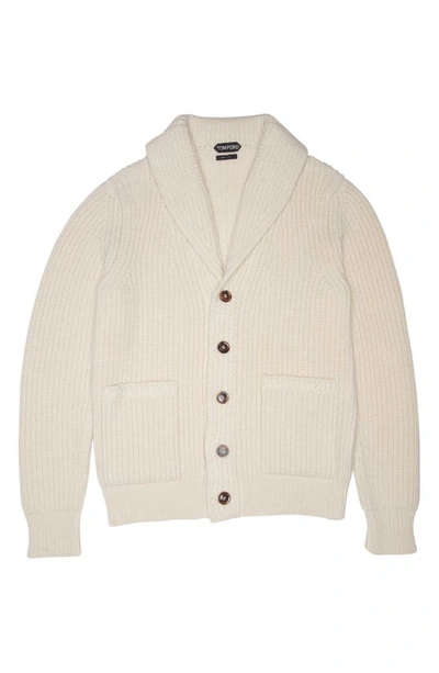 Shop Tom Ford Shawl Collar Merino Wool & Silk Rib Cardigan In Ivory