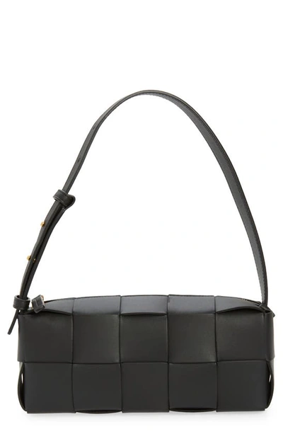 Shop Bottega Veneta Brick Intrecciato Leather Shoulder Bag In Black-gold