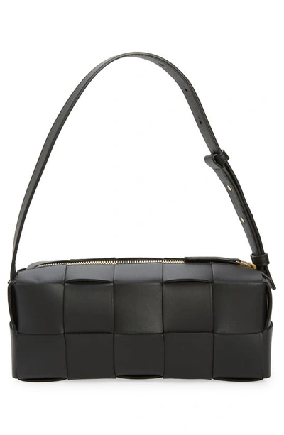 Shop Bottega Veneta Brick Intrecciato Leather Shoulder Bag In Black-gold