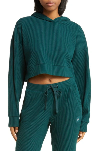Shop Alo Yoga Muse Ribbed Crop Hoodie In Midnight Green