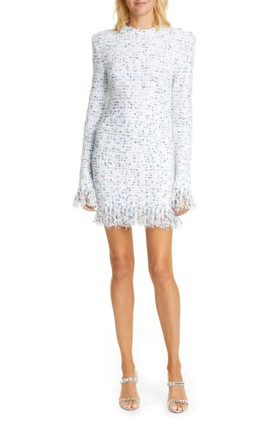 Shop Balmain Fringe Metallic Tweed Long Sleeve Minidress In Blanc/blue