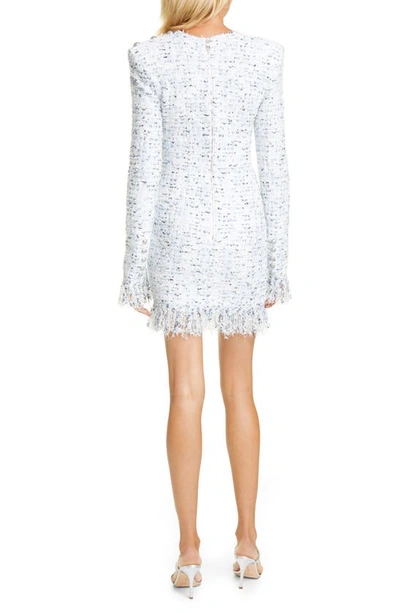 Shop Balmain Fringe Metallic Tweed Long Sleeve Minidress In Blanc/blue