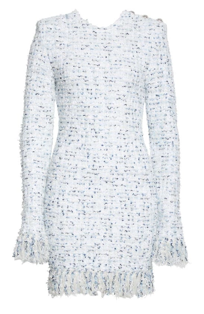 Shop Balmain Fringe Metallic Tweed Long Sleeve Minidress In Blanc/blue