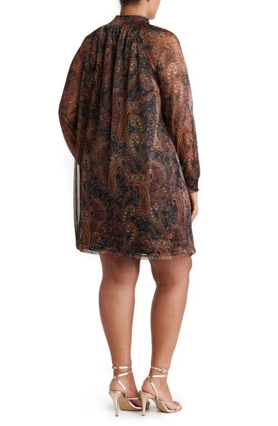Shop Nina Leonard Smock Neck Printed Dress In Rust Multi