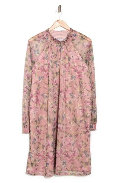 Shop Nina Leonard Smock Neck Printed Dress In Rose Multi