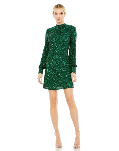 Shop Mac Duggal Sequin Open Back Bishop Sleeve Mini Dress In Emerald