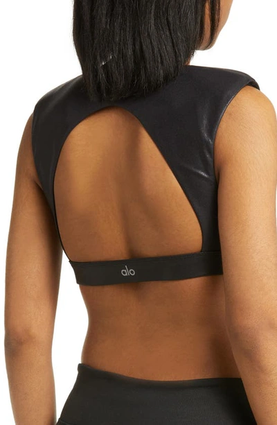 Shop Alo Yoga Flash Open Back Foil Faux Leather Sports Bra In Black