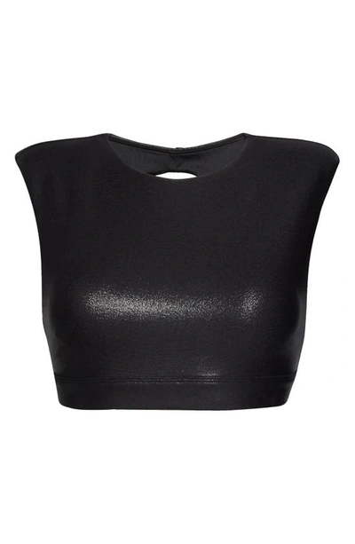 Shop Alo Yoga Alo Flash Open Back Foil Faux Leather Sports Bra In Black