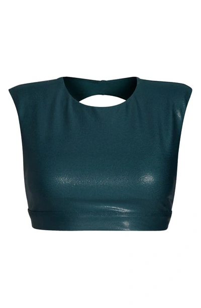 Shop Alo Yoga Flash Open Back Foil Faux Leather Sports Bra In Midnight Green