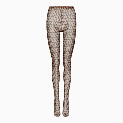 Shop Valentino Beige/black Tights With All-over Logo