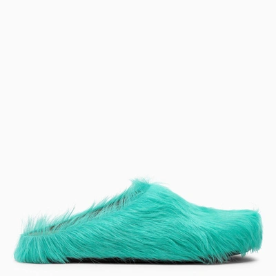 Shop Marni Turquoise Fur Low Mules In Green
