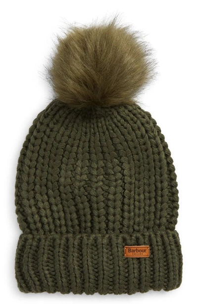 Barbour Saltburn Faux Fur Pom Beanie In Olive