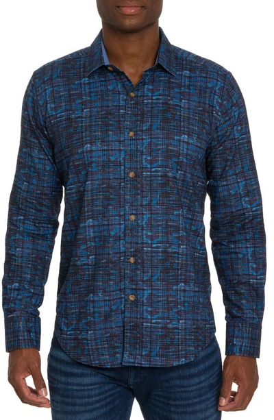 Shop Robert Graham Anomaly Herringbone Wave Print Cotton Button-up Shirt In Dark Blue