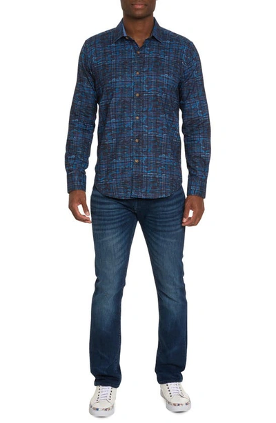 Shop Robert Graham Anomaly Herringbone Wave Print Cotton Button-up Shirt In Dark Blue