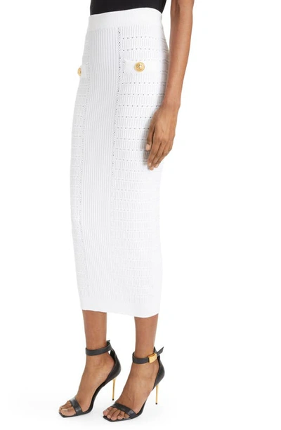 Shop Balmain High Waist Knit Midi Skirt In White