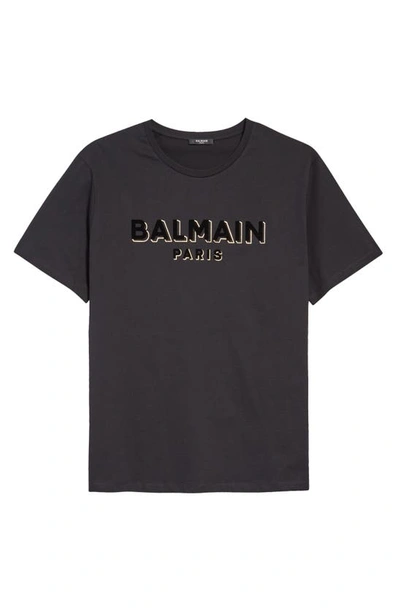 Shop Balmain Flock & Foil Logo Cotton Graphic Tee In Black/ Gold