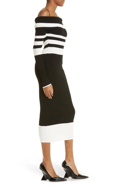 Shop Attico Amilia Off The Shoulder Long Sleeve Midi Sweater Dress In White/ Black