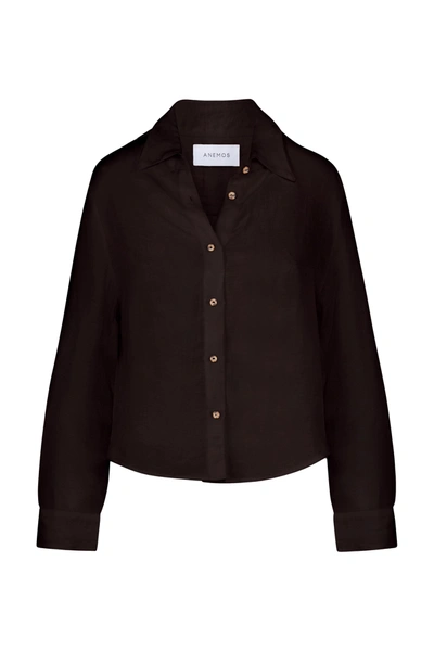 Shop Anemos Phillips Long Sleeve Button-down Shirt In Linen Cupro In Espresso