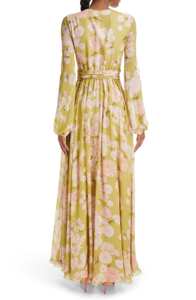 Shop Giambattista Valli Dahlia Print Long Sleeve Silk Georgette Dress In Green/ Multi
