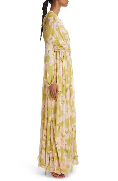 Shop Giambattista Valli Dahlia Print Long Sleeve Silk Georgette Dress In Green/ Multi