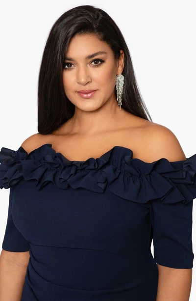 Xscape Ruffle Sleeve Off The Shoulder Scuba Crepe Sheath Gown In Navy