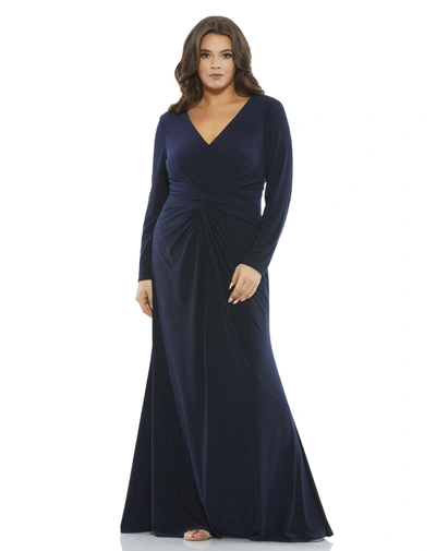 Shop Mac Duggal Front Twist Long Sleeve V-neck Gown (plus) In Midnight