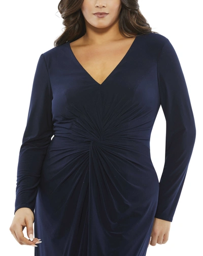 Mac Duggal Plus Size Long-sleeve Jersey Twist Gown In Midnight
