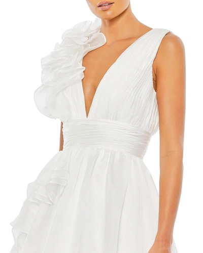 Shop Mac Duggal Ruffle Shoulder V-neck Chiffon Gown In White
