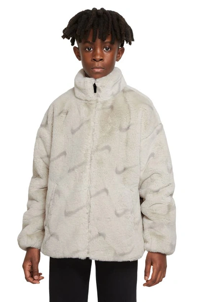 Shop Nike Kids' Sportswear Print Faux Fur Jacket In Light Bone/ Iron Ore