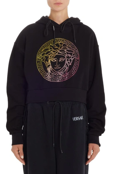 Shop Versace Crystal Embellished Crop Cotton Graphic Hoodie In Black