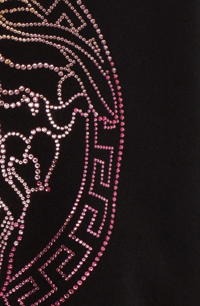 Shop Versace Crystal Embellished Crop Cotton Graphic Hoodie In Black
