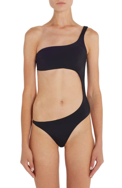 Shop Versace Medusa Cutout One-shoulder One-piece Swimsuit In Black