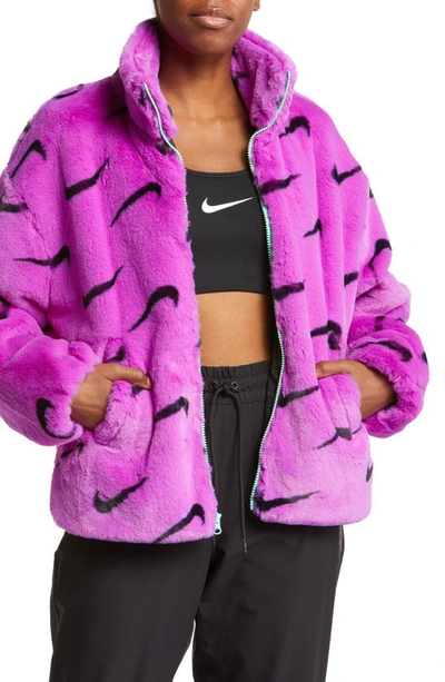 Nike Women's Sportswear Plush Printed Faux Fur Jacket In Purple/black/green  | ModeSens