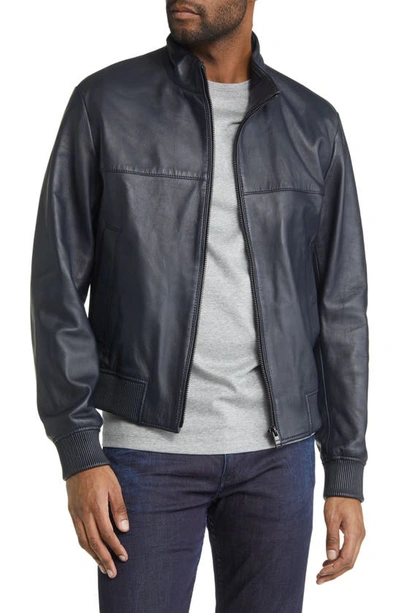 Hugo boss dark blue leather jacket hotsell