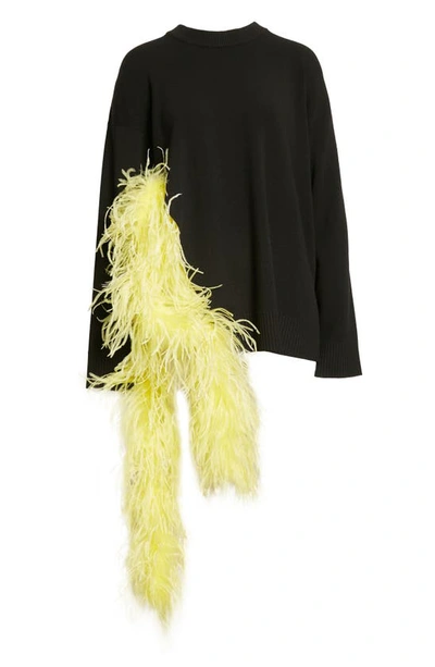 Shop Attico Blanche Feather Trim Sweater In Black/ Yellow