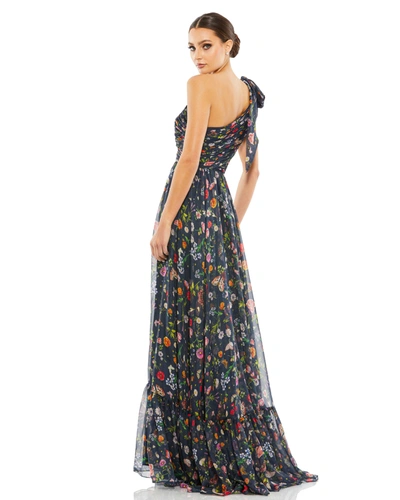 Mac Duggal Tied One Shoulder Cut-out Flowy Gown In Navy/multi