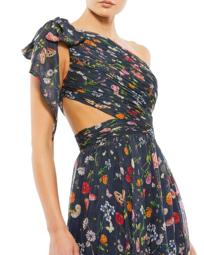 Mac Duggal Tied One Shoulder Cut-out Flowy Gown In Navy/multi